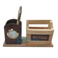 Wooden Pen stand with Clock SRG5859